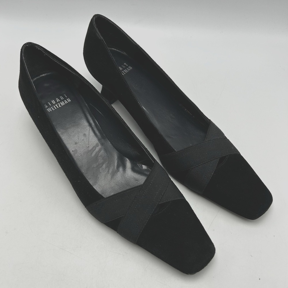 Stuart Weitzman Pump Heel Womens 6.5 N Black Suede Square Toe Kitten Dress Shoe